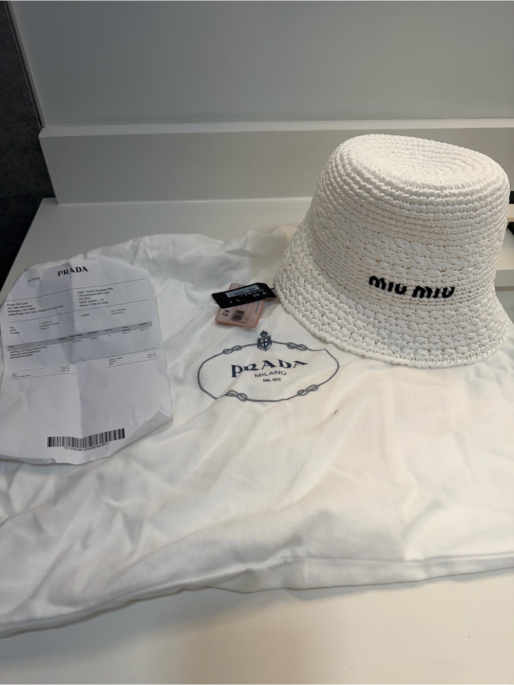 Miu Miu White Crochet Bucket Hat with Black Logo for Kids